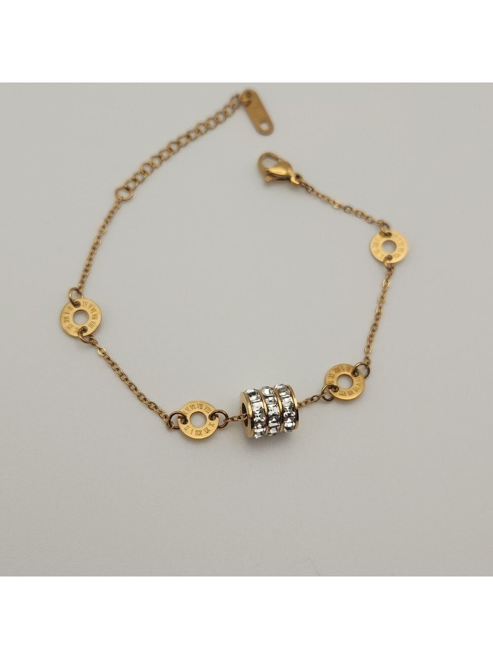 Gold Tone Roman Numeral Chain Bracelet | Zircon Accent Detail | Elegant Minimal - Picture 4 of 7